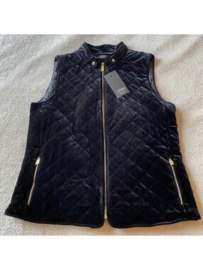 NWT Jones New York Signature Black Velvet Quilted Vest Medium Gold Hardware NEW